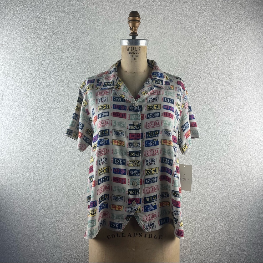 Vintage l 90s L Liz Claiborne Novelty USA State License Plates Loop Collar Shirt